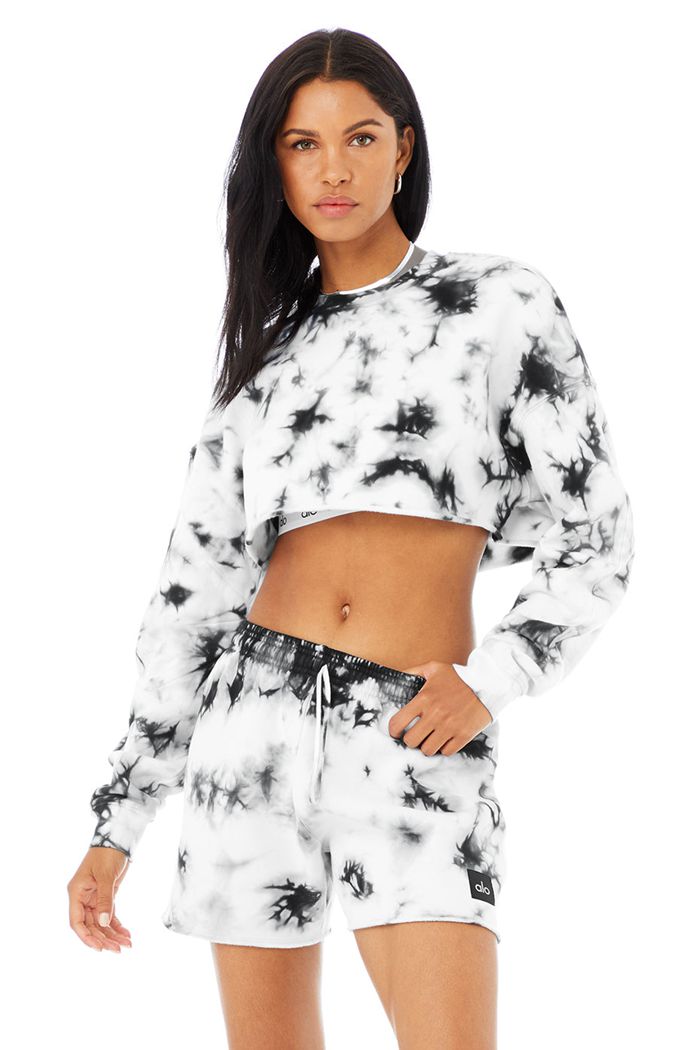 Alo Yoga Tie-Dye Extreme Crop Crew Neck Long Sleeve Dam Svarta Vita | 7153296-DG