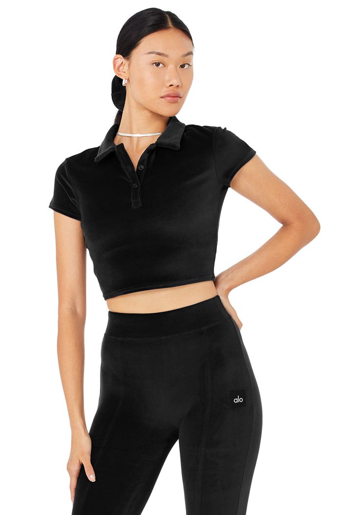 Alo Yoga Velour Choice Polo Short Sleeve Dam Svarta | 3568204-OQ