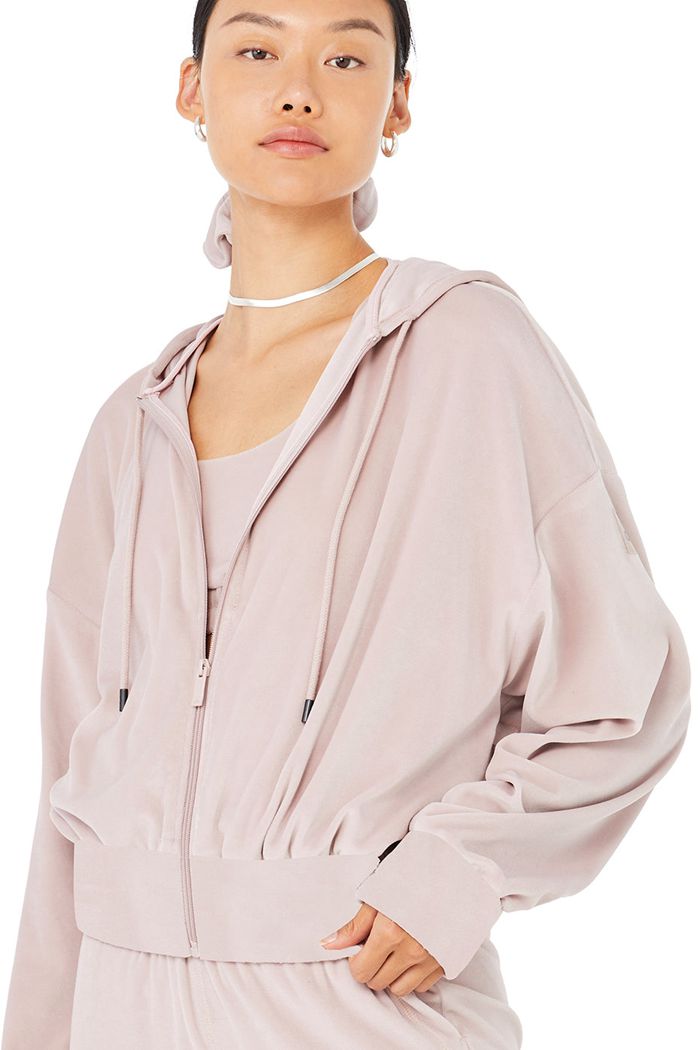 Alo Yoga Velour Glimmer Full Zip Hoodie Dam Rosa | 0386249-HP