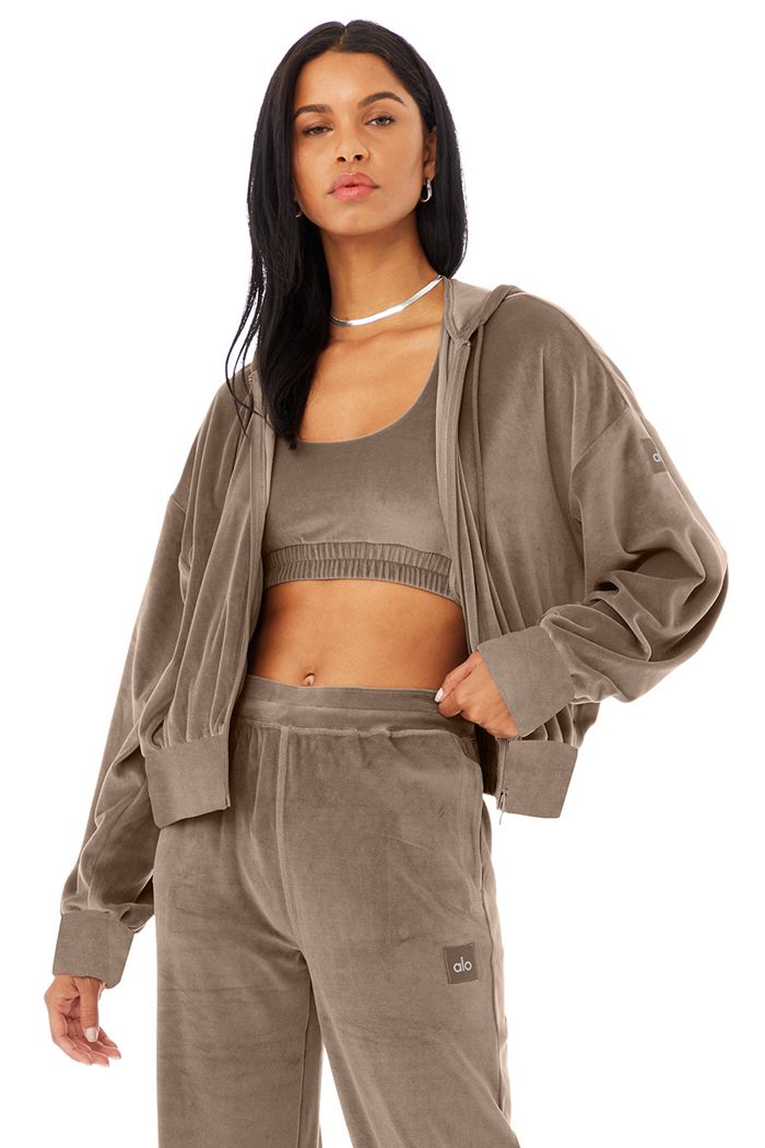 Alo Yoga Velour Glimmer Full Zip Hoodie Dam Bruna | 6792503-UG