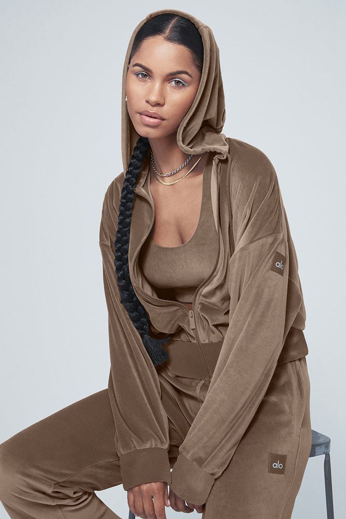 Alo Yoga Velour Glimmer Full Zip Hoodie Dam Bruna | 6792503-UG