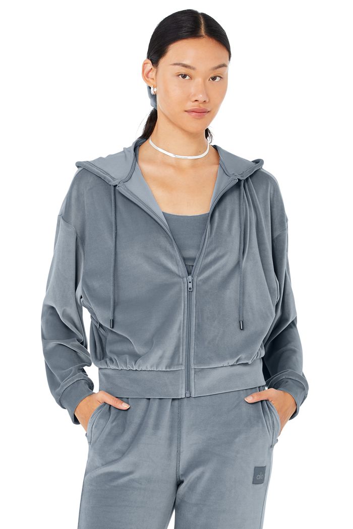 Alo Yoga Velour Glimmer Full Zip Hoodie Dam Grå | 9210847-NA