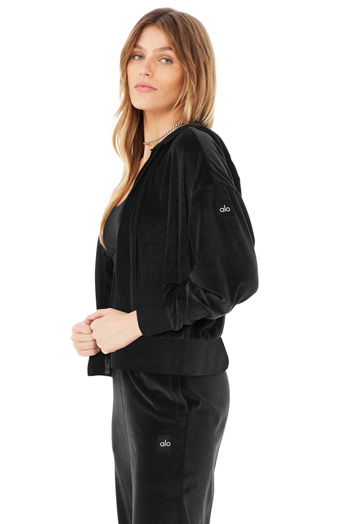 Alo Yoga Velour Glimmer Full Zip Hoodie Dam Svarta | 9251780-NO