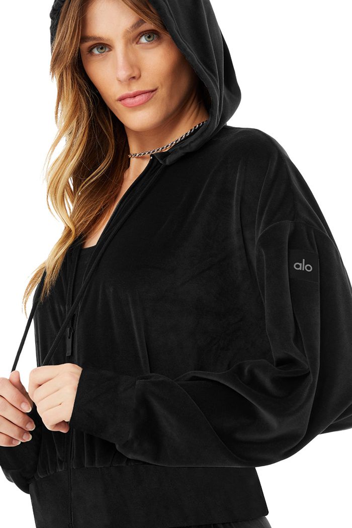 Alo Yoga Velour Glimmer Full Zip Hoodie Dam Svarta | 9251780-NO