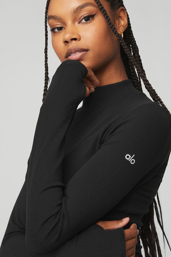 Alo Yoga Wellness Rib Mock Neck Long Sleeve Dam Svarta | 2031946-GK